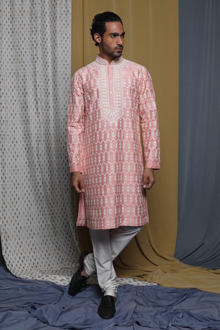 Krishna Mehta_Pink Tussar Embroidered Floral Kurta Churidar Set _at_Aza_Fashions