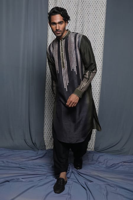 Buy Krishna Mehta Green Tussar Printed Geometric Full Sleeve Kurta Buy_Krishna Mehta_Green Tussar Printed Geometric Full Sleeve Kurta