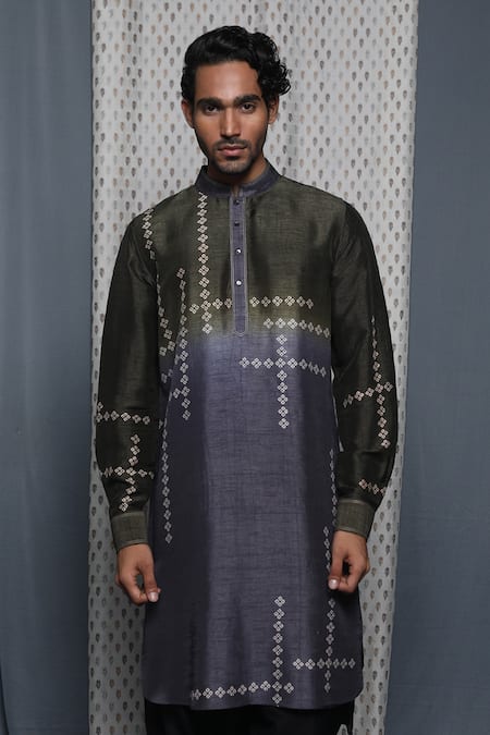 Krishna Mehta_Green Tussar Printed Geometric Ombre Full Sleeve Kurta _Online_at_Aza_Fashions