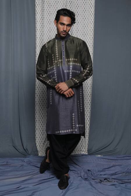 Krishna Mehta_Green Tussar Printed Geometric Ombre Full Sleeve Kurta _at_Aza_Fashions