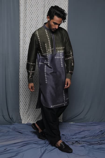 Buy_Krishna Mehta_Green Tussar Printed Geometric Ombre Full Sleeve Kurta 