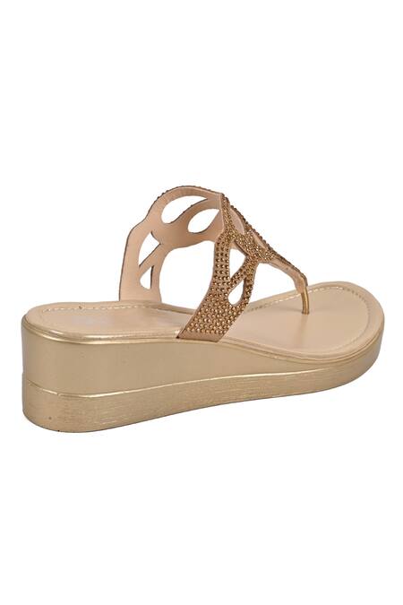 Buy_Vanilla Moon_Gold Embellished Carmen Cutout Wedges _Online_at_Aza_Fashions