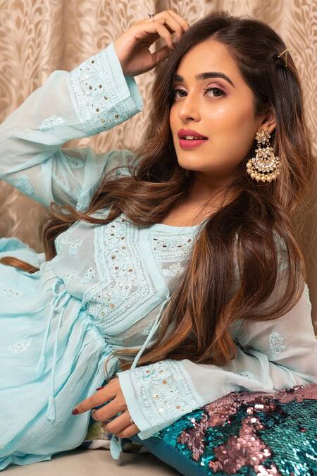 LABEL AISHWARYRIKA_Blue Georgette And Chiffon Resham Thread Carolina Embroidered Angarkha Tunic _Online_at_Aza_Fashions