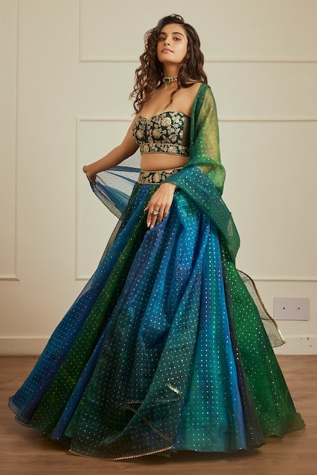 Cedar & Pine_Blue Net, Dupatta Organza Gold Foil Print, Zari And Sequin Work Lehenga Set _Online_at_Aza_Fashions