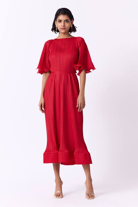 Scarlet Sage_Red Polyester Boat Neck Celestine Ruffle Sleeve Dress_Online_at_Aza_Fashions