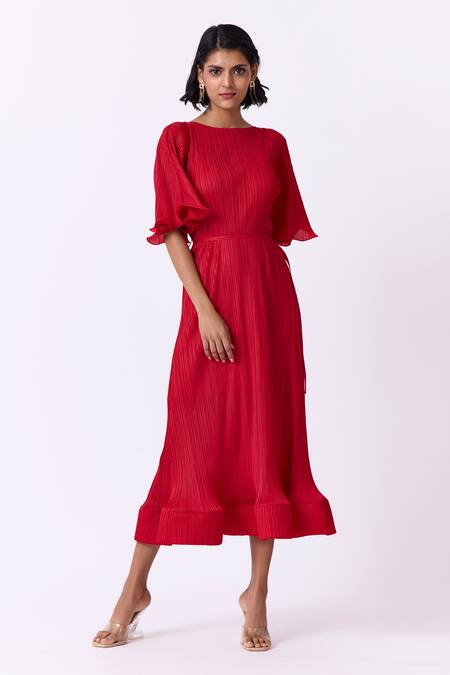 Buy_Scarlet Sage_Red Polyester Boat Neck Celestine Ruffle Sleeve Dress_Online_at_Aza_Fashions