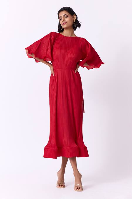 Shop_Scarlet Sage_Red Polyester Boat Neck Celestine Ruffle Sleeve Dress_Online_at_Aza_Fashions