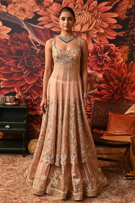 Moledro_Pink Silk , Tissue, Chah Sheer Panelled Anarkali Skirt Set _Online_at_Aza_Fashions