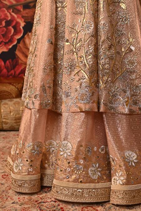Shop_Moledro_Pink Silk , Tissue, Chah Sheer Panelled Anarkali Skirt Set _Online_at_Aza_Fashions