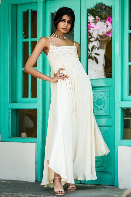 PIRI INDIA Ivory Georgette Beads, Pearls, Sequins Hand Embroidered Strappy Cowl Jumpsuit Online at Aza Fashions PIRI INDIA_Ivory Georgette Beads, Pearls, Sequins Hand Embroidered Strappy Cowl Jumpsuit _Online_at_Aza_Fashions