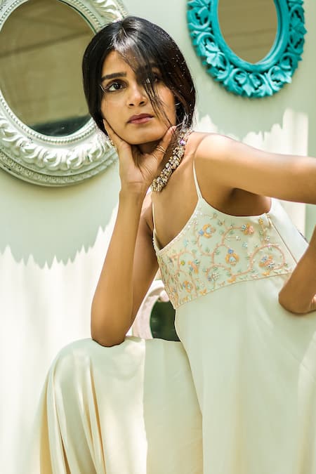 Buy PIRI INDIA Ivory Georgette Beads, Pearls, Sequins Hand Embroidered Strappy Cowl Jumpsuit Online at Aza Fashions Buy_PIRI INDIA_Ivory Georgette Beads, Pearls, Sequins Hand Embroidered Strappy Cowl Jumpsuit _Online_at_Aza_Fashions