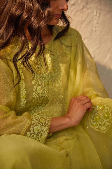 Chandbari_Green Chanderi Embroidered Dori Round Neck Kurta Salwar Set_Online_at_Aza_Fashions
