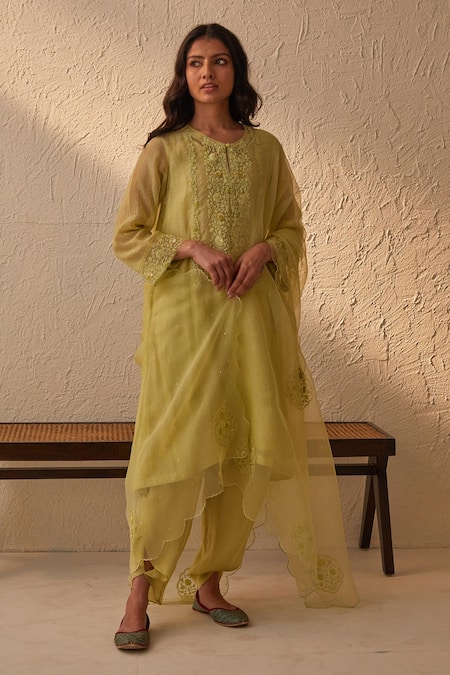 Buy_Chandbari_Green Chanderi Embroidered Dori Round Neck Kurta Salwar Set_Online_at_Aza_Fashions