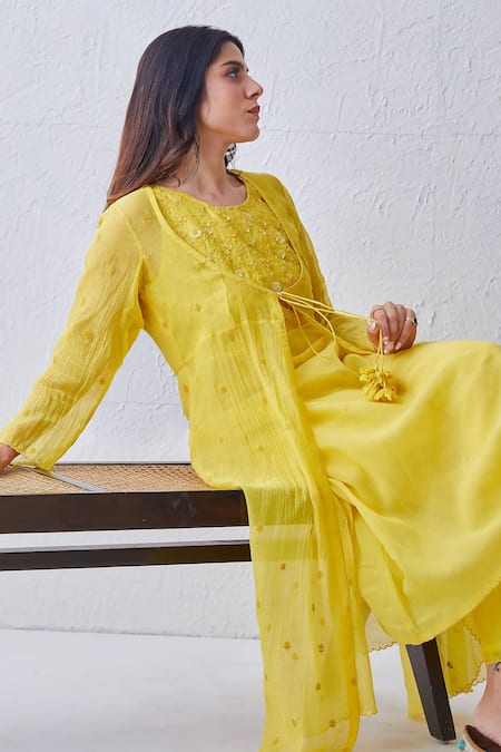 Chandbari_Yellow Chanderi, Cotton Diamonds, Sequins V-neck, Embroidered Jacket Kurta Set_Online_at_Aza_Fashions