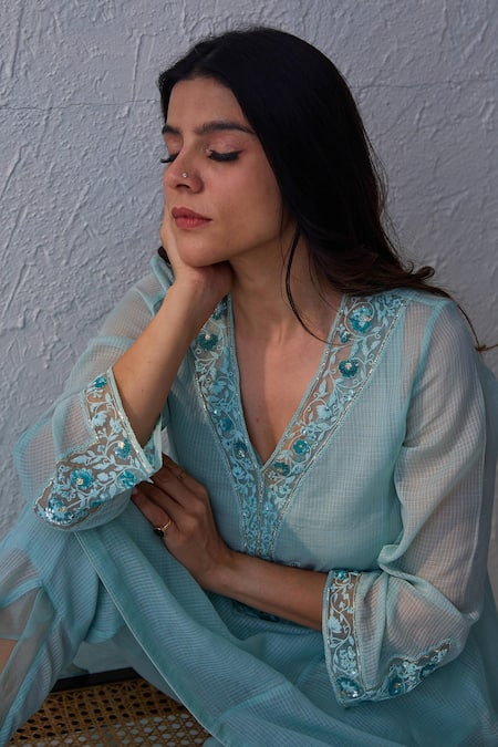 Chandbari Blue Kota Cotton Embroidered Dori V Neck Asymmetric Peplum Kurta And Trouser Set Online at Aza Fashions Chandbari_Blue Kota Cotton Embroidered Dori V Neck Asymmetric Peplum Kurta And Trouser Set_Online_at_Aza_Fashions