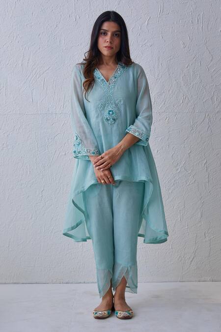 Buy Chandbari Blue Kota Cotton Embroidered Dori V Neck Asymmetric Peplum Kurta And Trouser Set Online at Aza Fashions Buy_Chandbari_Blue Kota Cotton Embroidered Dori V Neck Asymmetric Peplum Kurta And Trouser Set_Online_at_Aza_Fashions