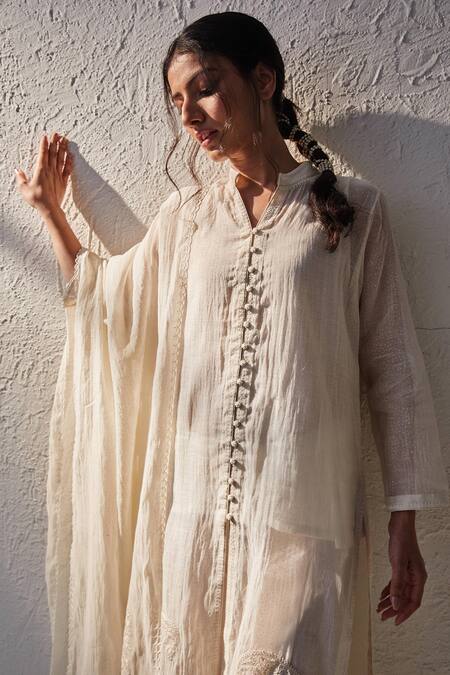 Chandbari_Ivory Chanderi Embroidered Dori Work Round Collar Kurta And Afghani Salwar Set_Online_at_Aza_Fashions