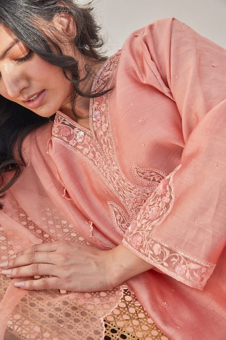 Shop_Chandbari_Peach Chanderi Embroidered Dori V Neck Kurta Set_Online_at_Aza_Fashions