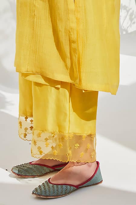 Chandbari_Yellow Chanderi Embroidered Dori V Neck Yoke Kurta Palazzo Set_at_Aza_Fashions