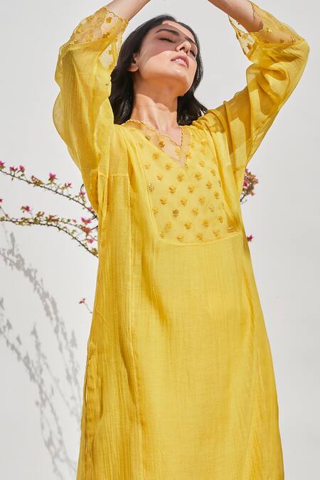 Buy_Chandbari_Yellow Chanderi Embroidered Dori V Neck Yoke Kurta Palazzo Set_Online_at_Aza_Fashions