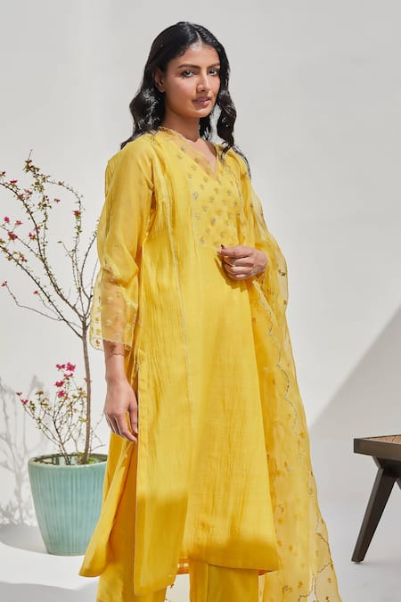 Shop_Chandbari_Yellow Chanderi Embroidered Dori V Neck Yoke Kurta Palazzo Set_Online_at_Aza_Fashions