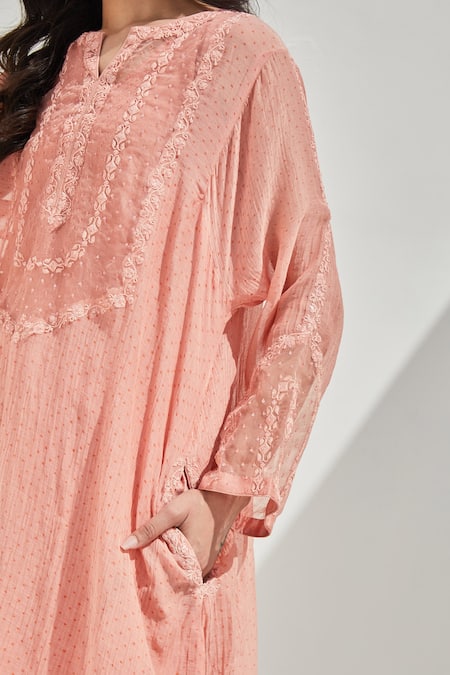 Chandbari_Peach Chanderi Sequins Round Neck Kaftan And Tapered Pant Set_Online_at_Aza_Fashions