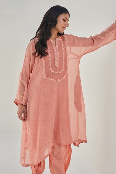 Shop_Chandbari_Peach Chanderi Sequins Round Neck Kaftan And Tapered Pant Set_Online_at_Aza_Fashions