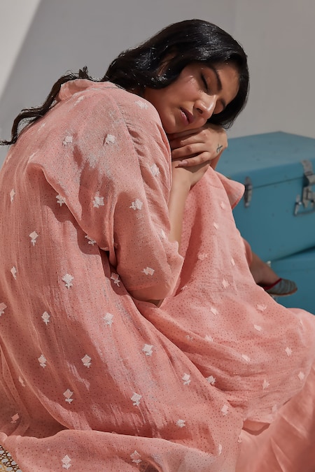 Shop_Chandbari_Peach Chanderi Embroidery V-neck Kaftan And Tapered Pant Set_Online_at_Aza_Fashions