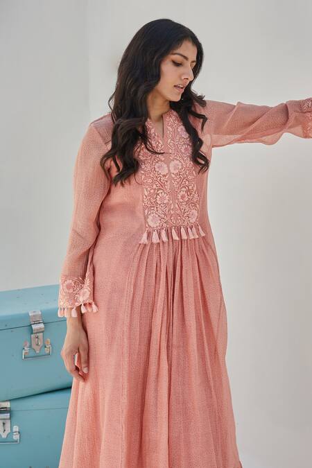 Chandbari_Peach Chanderi Embroidered Dori Notched Round Neck Gathered Tunic And Salwar Set_Online_at_Aza_Fashions