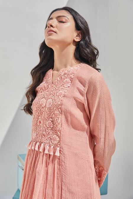 Buy_Chandbari_Peach Chanderi Embroidered Dori Notched Round Neck Gathered Tunic And Salwar Set_Online_at_Aza_Fashions