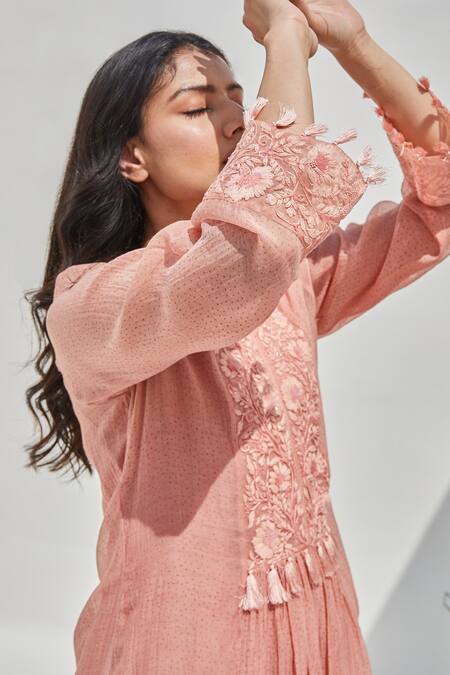 Chandbari_Peach Chanderi Embroidered Dori Notched Round Neck Gathered Tunic And Salwar Set_at_Aza_Fashions