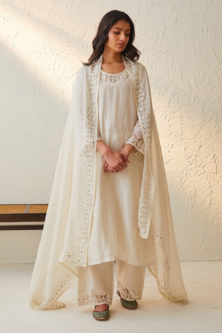Chandbari_Ivory Chanderi Embroidered Thread Kurta Round Neck A-line Palazzo Set_Online_at_Aza_Fashions