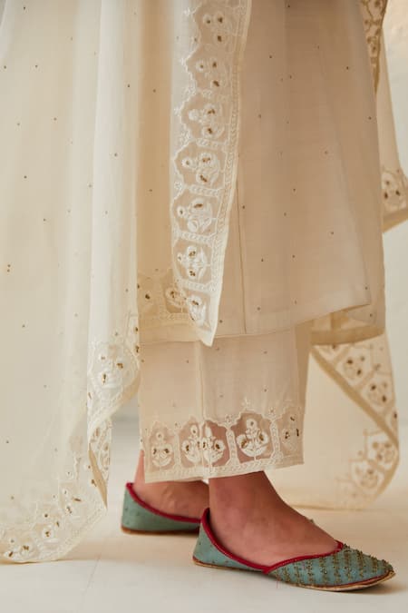 Shop_Chandbari_Ivory Chanderi Embroidered Thread Kurta Round Neck A-line Palazzo Set_Online_at_Aza_Fashions