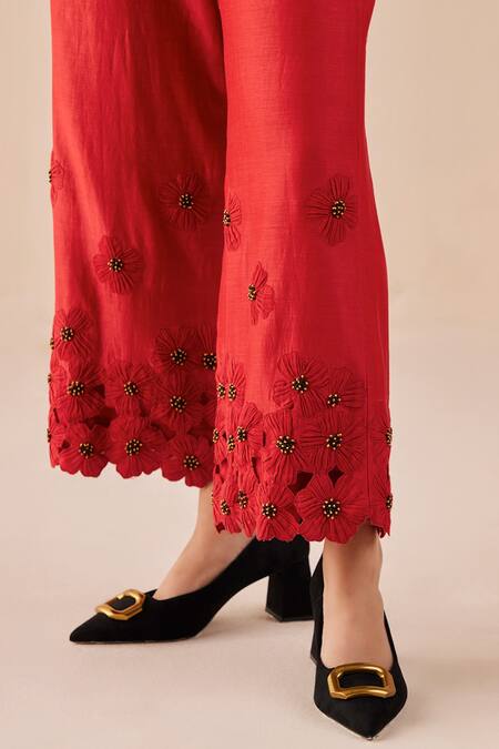 Chandrima_Red Chanderi Floral Poppy Flower Pattern Pant _Online_at_Aza_Fashions