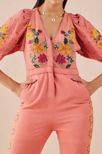 Chandrima_Pink Kalacotton Floral V Neck Applique Jumpsuit _Online_at_Aza_Fashions