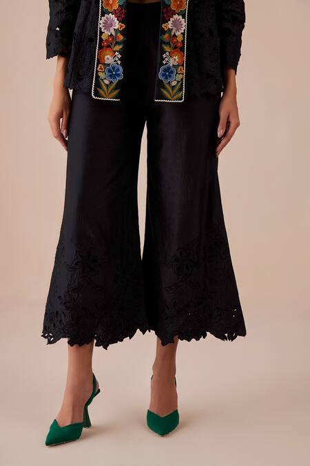 Chandrima_Black Chanderi Floral Flower Pattern Culottes _Online_at_Aza_Fashions