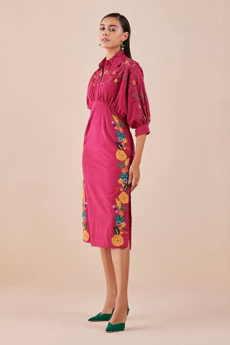 Chandrima_Fuchsia Kalacotton Cutwork, Applique, Bead Shirt Collar Embroidered Kimono Dress _Online_at_Aza_Fashions