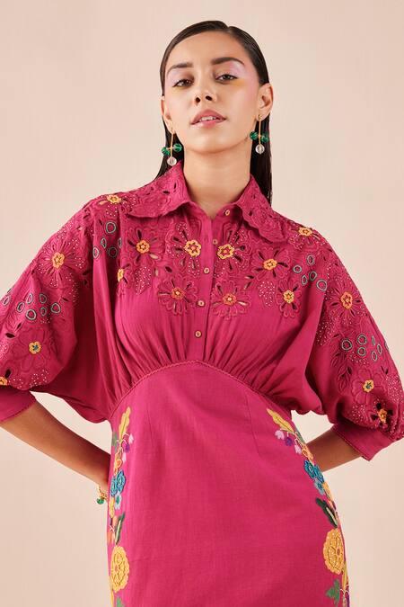Buy_Chandrima_Fuchsia Kalacotton Cutwork, Applique, Bead Shirt Collar Embroidered Kimono Dress _Online_at_Aza_Fashions