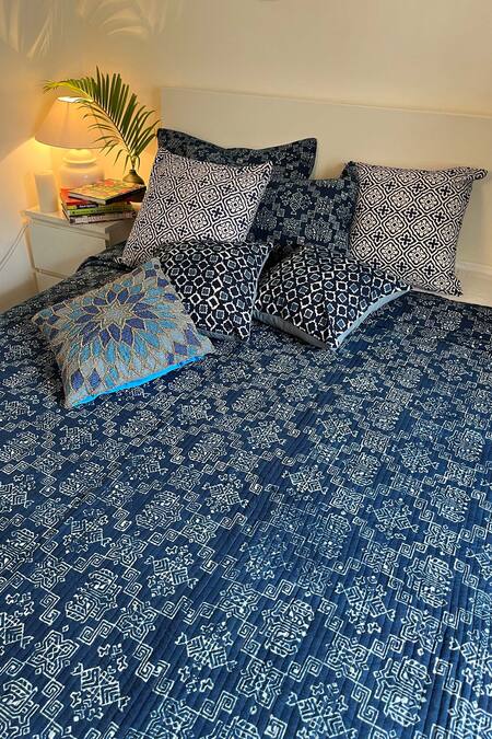 Cocobee_Blue 100% Cotton Hand Block Print Bedcover Set _Online_at_Aza_Fashions