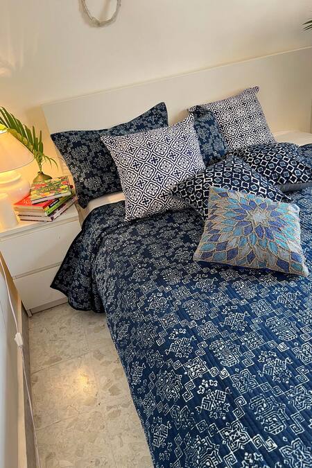 Buy_Cocobee_Blue 100% Cotton Hand Block Print Bedcover Set _Online_at_Aza_Fashions