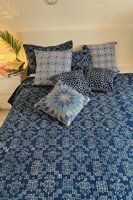 Shop_Cocobee_Blue 100% Cotton Hand Block Print Bedcover Set _Online_at_Aza_Fashions