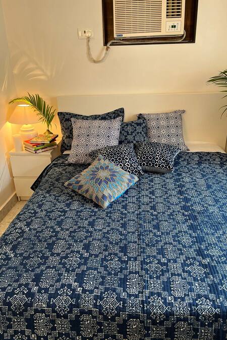 Cocobee_Blue 100% Cotton Hand Block Print Bedcover Set _at_Aza_Fashions