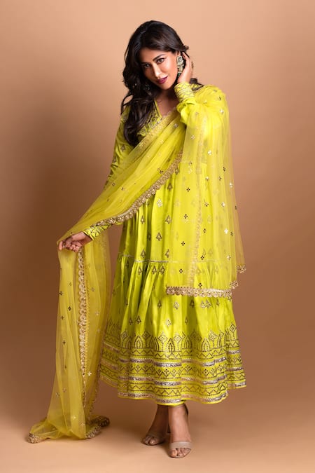 Gopi Vaid_Yellow Tussar, Net Gota Patti V-neck Geometric Pattern Tiered Anarkali Set _Online_at_Aza_Fashions