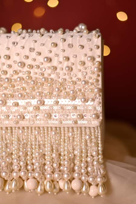 House Of Vian_White Beads, Pearls, Tassels Chloe Embellished Clutch Bag _Online_at_Aza_Fashions
