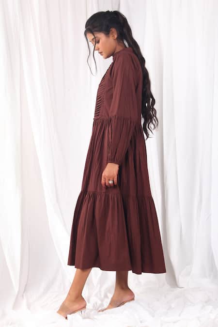 Khat_Maroon Cotton, Poplin Bandeau Neck Pintucked Bodice And Tiered Dress _Online_at_Aza_Fashions