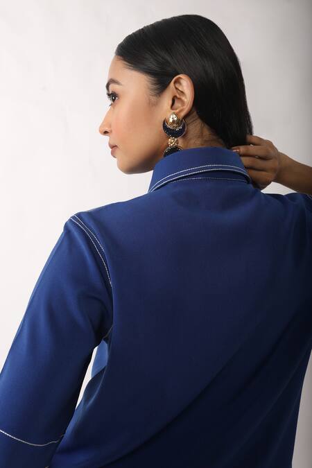 Shop_Veera Wear_Blue Crepe Collared Overlap Cindy Co-ord Set _Online_at_Aza_Fashions