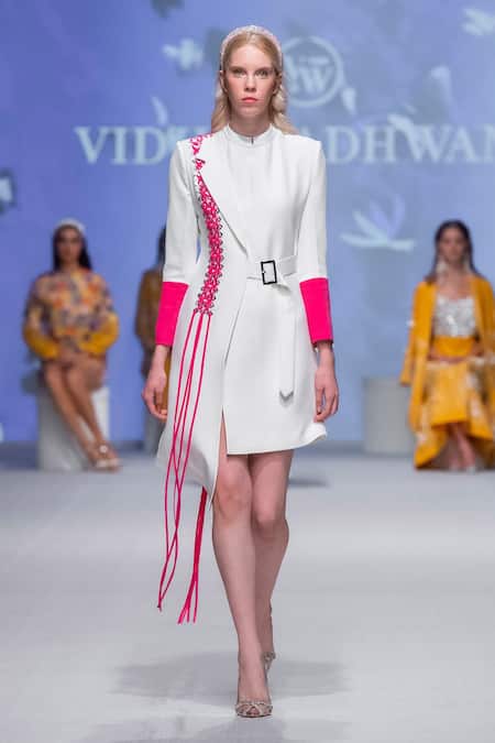 Buy_Vidhi Wadhwani_White Crepe, Lycra Fringe Bandeau Neck Cini Panelled Jacket Dress _Online_at_Aza_Fashions