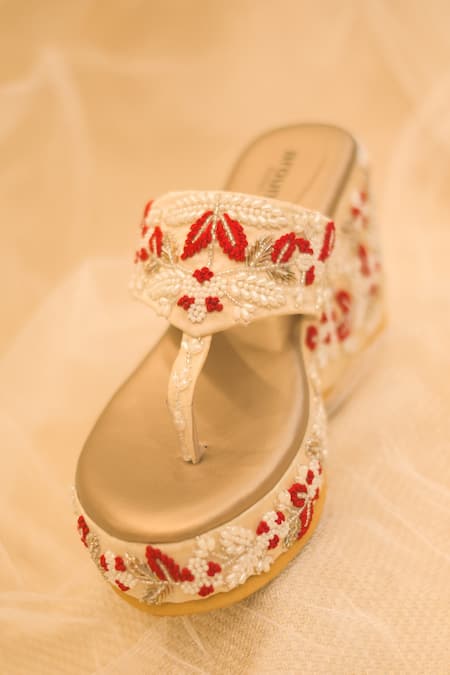 Around Always_Gold Embroidery Cira Pearl Embellished Wedges _Online_at_Aza_Fashions