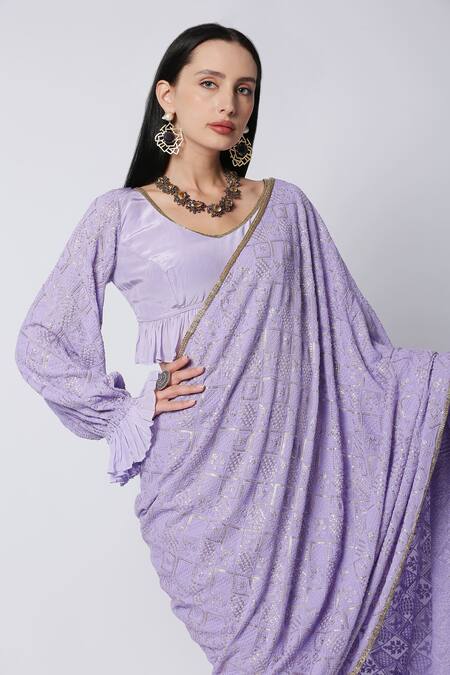 Buy_Monk & Mei By Sonia Anand_Purple Georgette Sequins V-neck Pre-stitched Fish Cut Saree With Blouse _Online_at_Aza_Fashions