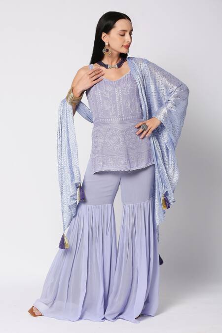 Monk & Mei By Sonia Anand_Purple Georgette Embroidery, Tassels V-neck Floral Kurta Sharara Set _Online_at_Aza_Fashions